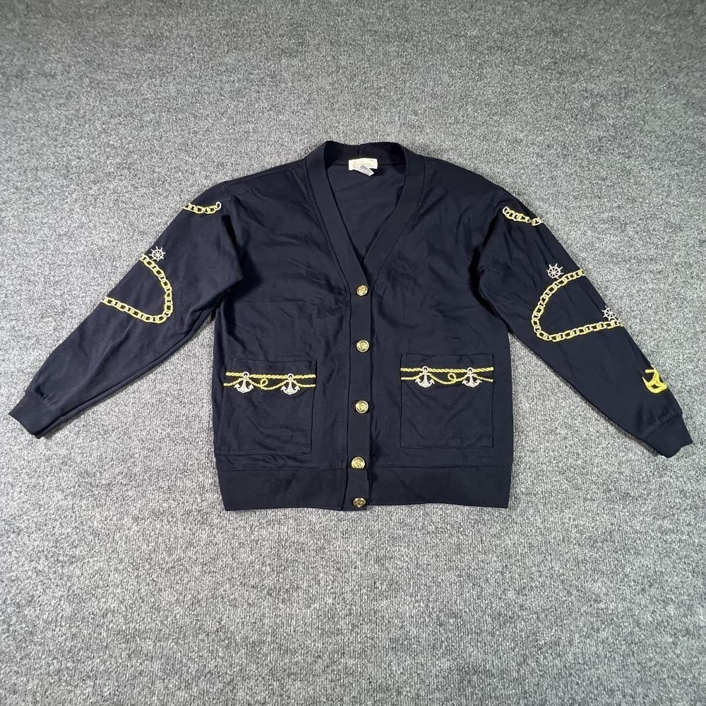 Vintage Tara Vanessa Cardigan Sweater Womens S Blue Anchor Embroidery Nautical